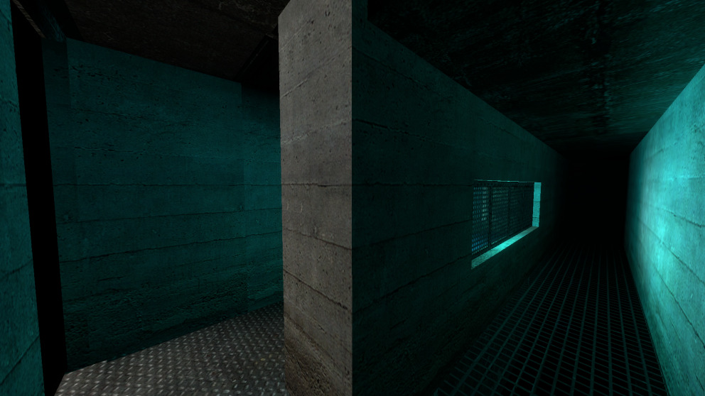 A dark tunnel, looping in on itself. The floor changes from flat to grated metal at some point below the viewer. A light can be seen beaming through wire mesh embedded in one of the walls.