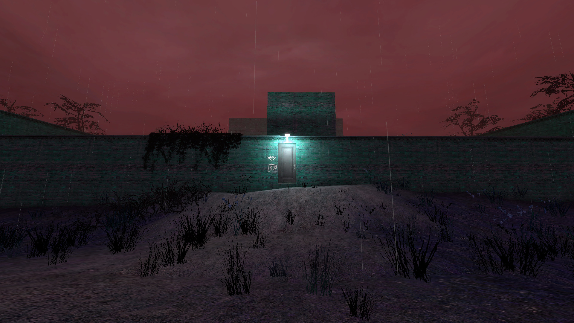 A door in the side of a wall, with a light sitting atop. The sky above is a pale red, and it is raining. The viewer stands on grassy dirt.