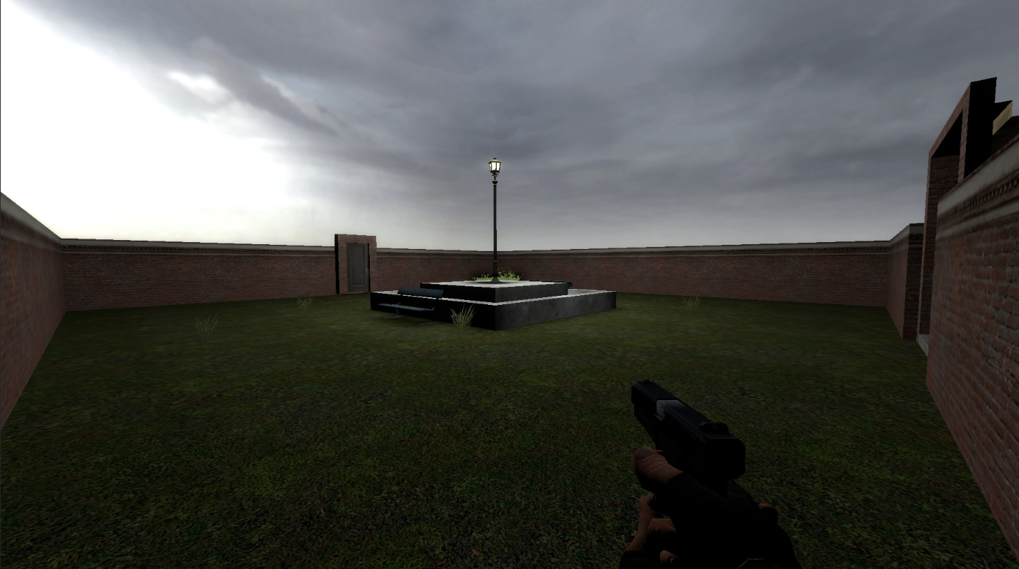 A lamppost stands in the center of a sparse, walled garden with a door on one side. The viewer is holding a pistol.